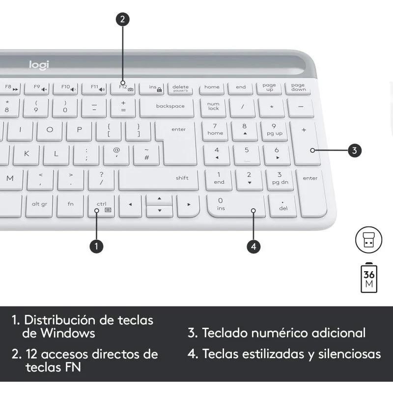 Teclado + Raton Logitech Mk470 Slim Wireless Silent White - Imagen 4