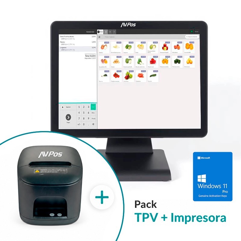 PACK TPV AVPOS K2000 15 I3/8GB/128GB/WIFI/BLUETOOTH/LAN 1000/W11P + TC15 USB