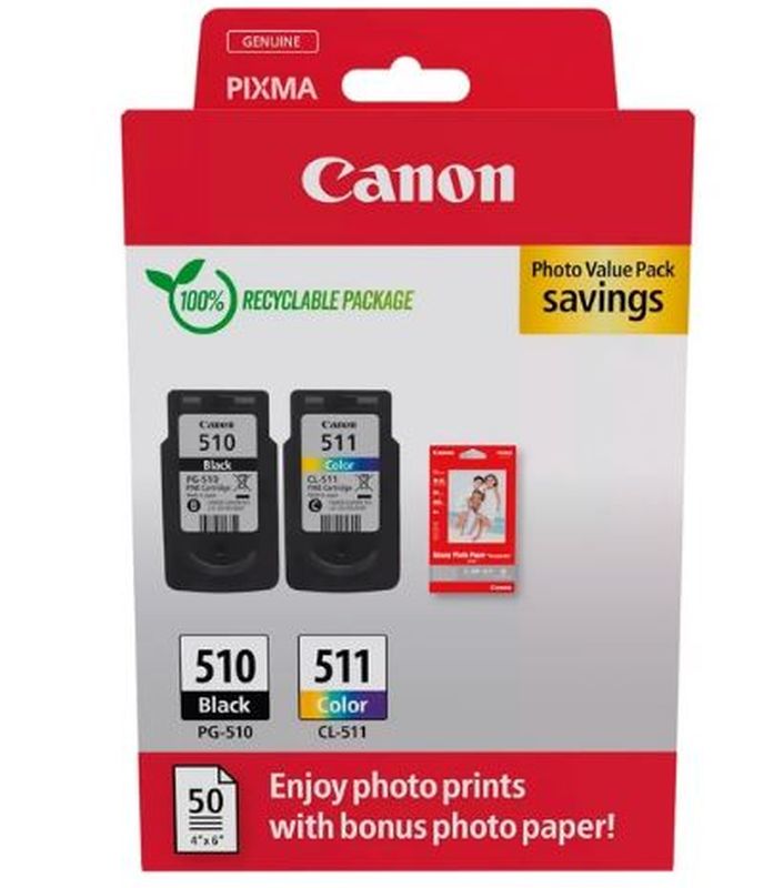CANON CARTUCHO TINTA PACK PG510 / CL511 + PAPEL PHOTO VALUE ECO